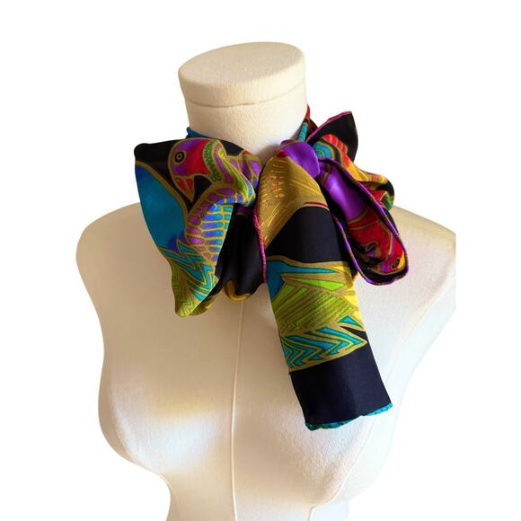 Lauren Burch Vibrant Birds Silk Scarf Multicolor Art Deco Tropical Print Black - Picture 2 of 7
